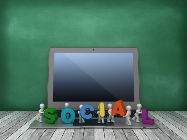 笔记本电脑与商务人士携带社会词在黑板背景- 3D渲染图片下载