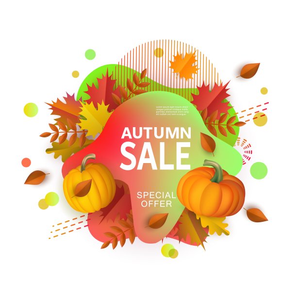 秋季促销和特别优惠的概念与梯度斑点和形状，树叶和南瓜。图片下载