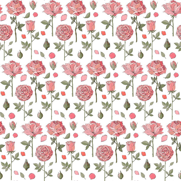 无缝矢量图案粉红玫瑰，花，芽和绿叶在白色的背景。手绘复古风格。适合印刷，贺卡，纺织品，织物，纸张，墙纸，包装。图片下载