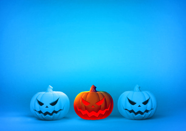 3D渲染万圣节南瓜发光的蓝色模板BG图片下载