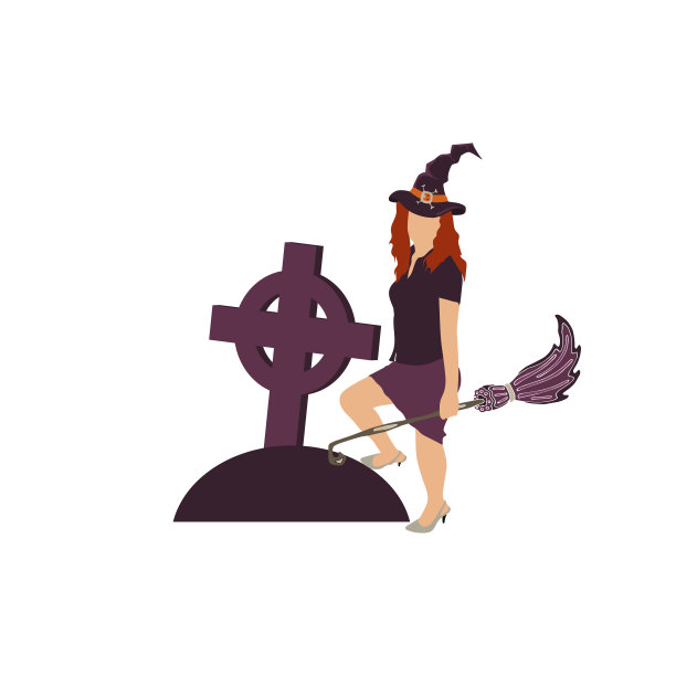 年轻姑娘戴着女巫的帽子和扫帚在白色的背景上带着庄重。节日快乐万圣节的概念设计元素为横幅，海报，贺卡。矢量插图派对。图片下载