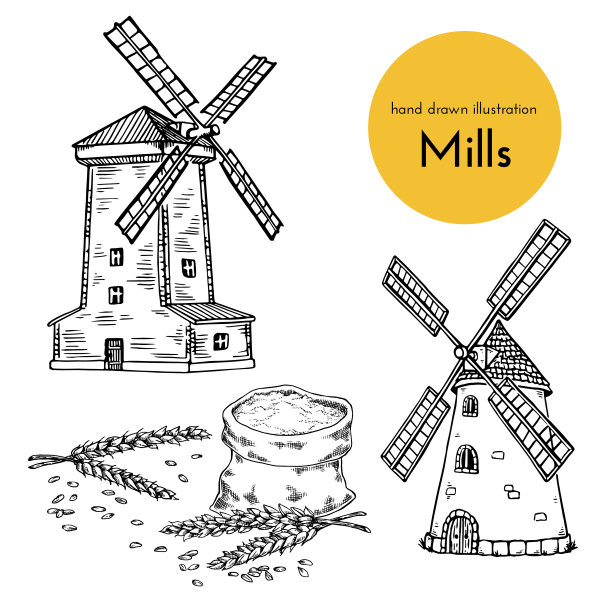 风车和面粉的一套手绘插图。为咖啡厅、餐厅、食品包装设计效果图。面包集合图片下载