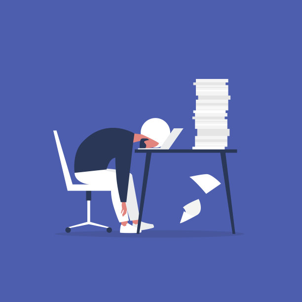 职业倦怠。年轻疲惫的男经理坐在办公室里。长时间的工作。千禧一代在起作用。平面可编辑矢量插图，剪辑艺术图片下载