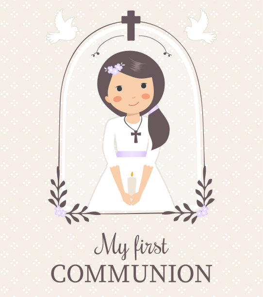 第一次圣餐的女孩，有鸽子和可爱的框架图片下载