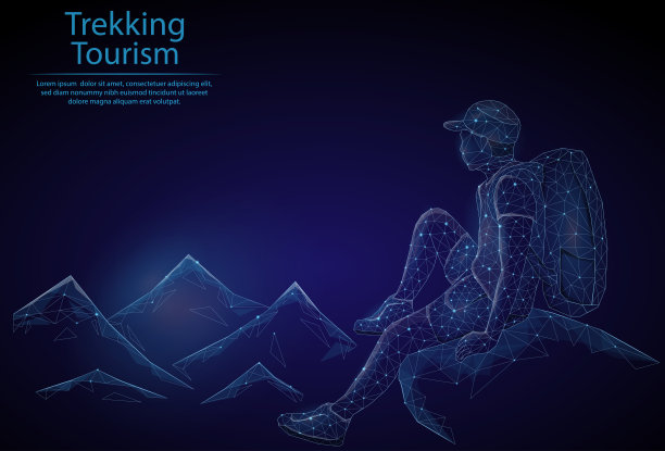 山中旅人的抽象形象，以星空或空间的形式，由点、线、行星、星星和宇宙的形状构成。低多边形矢量背景。图片下载