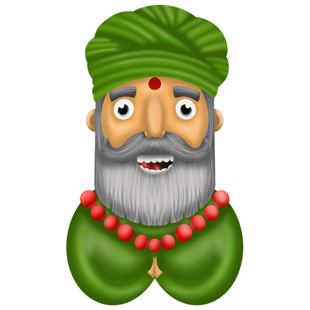 卡通印度人在绿色衬衫和头巾的白色背景，插图图片下载