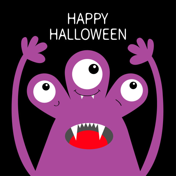 万圣节快乐。怪物头紫罗兰剪影。三只眼睛，牙齿，舌头，举起手。可爱的卡通卡哇伊有趣的角色。宝贝孩子收集。平面设计。黑色背景。图片下载
