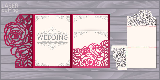 模具激光切割婚纱卡矢量模板。邀请口袋三折玫瑰图案信封。婚礼蕾丝邀请模型。图片下载