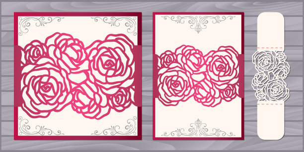模具激光切割婚纱卡矢量模板。肚皮带邀请与玫瑰图案。婚礼蕾丝邀请模型。图片下载