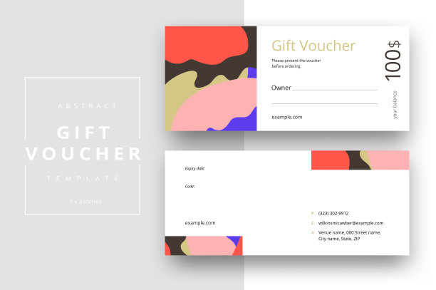 摘要礼品券卡模板。现代折扣券或证书布局与几何形状的图案。向量时尚明亮的背景设计与信息样本文本。图片下载