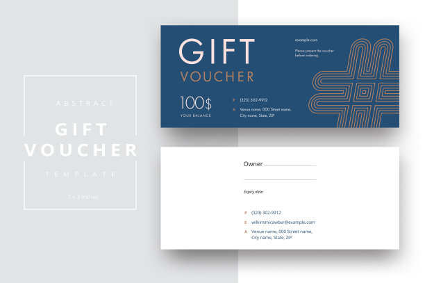 摘要礼品券卡模板。现代折扣券或证书布局与几何形状的图案。向量时尚明亮的背景设计与信息样本文本。图片下载