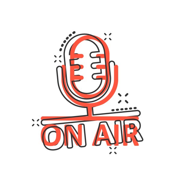 麦克风图标在漫画风格。直播矢量卡通插图在白色孤立的背景。对航空商务概念的飞溅效应。素材图片