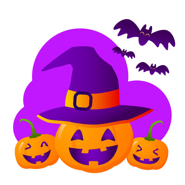 戴着女巫帽和蝙蝠的南瓜素材图片