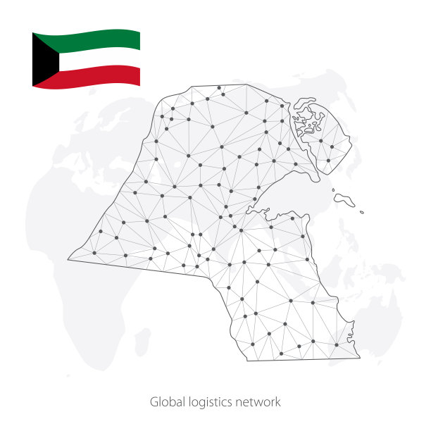 全球物流网络概念。通信网络地图以科威特为世界背景。科威特地图与节点在多边形风格和旗帜。矢量插图EPS10。图片下载