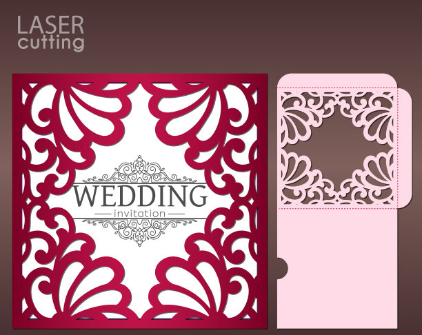 模具激光切割婚纱卡矢量模板。镶花边框的请柬信封。婚礼蕾丝邀请模型。切割的模板。模切口袋信封模板。图片下载