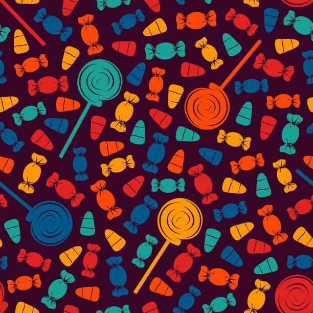 无缝花纹与糖果。万圣节的节日背景。不给糖就捣乱的墙纸。重复的糖果剪影印花图片下载