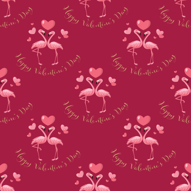 情人节无缝模式的粉红色火烈鸟夫妇与粉红色的心和情人节快乐的文本。矢量插图。图片下载