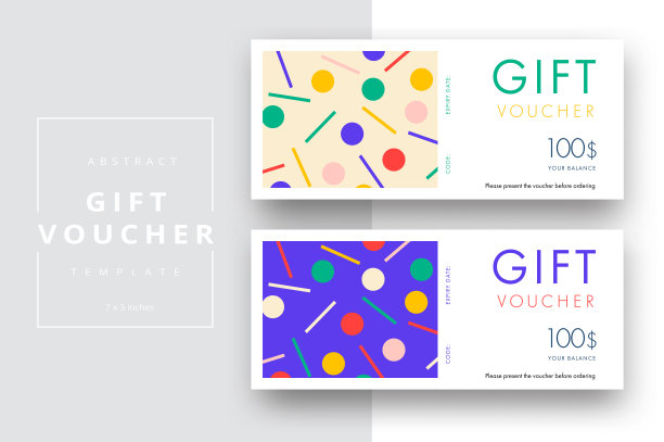 摘要礼品券卡模板。现代折扣券或证书布局与几何形状的图案。向量时尚明亮的背景设计与信息样本文本。图片下载