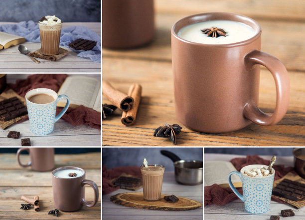 图片拼贴卡布奇诺，热巧克力与棉花糖和马沙拉茶。冬秋饮品图片下载