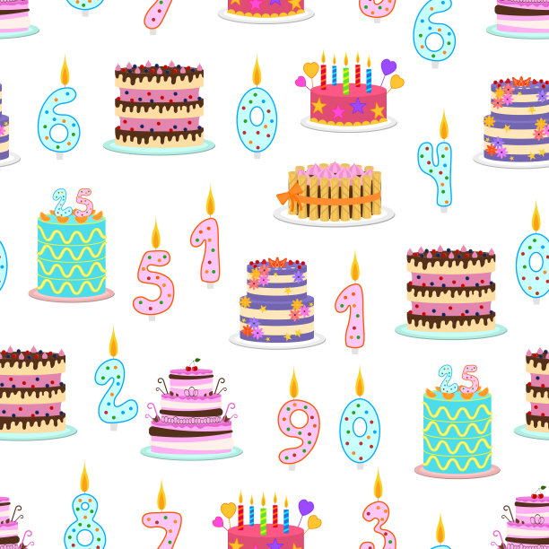 卡通色彩生日蛋糕和元素无缝图案背景。向量图片下载