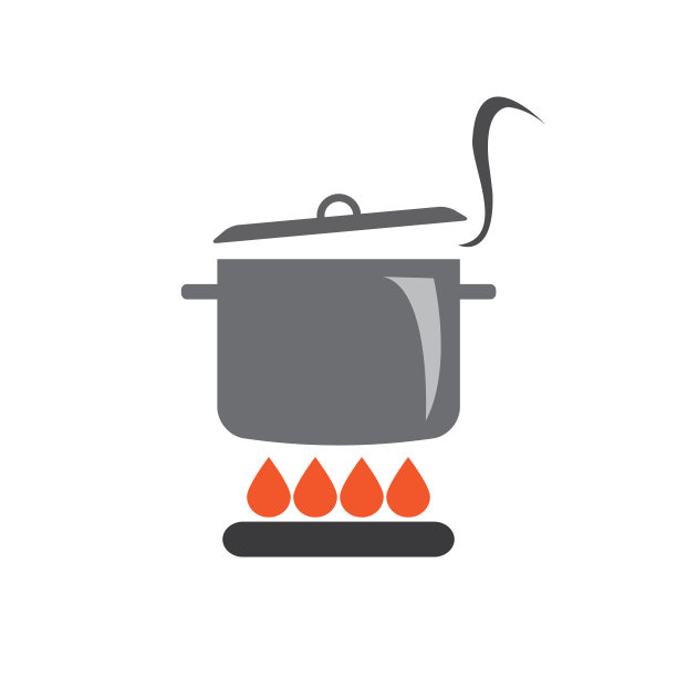 烹饪锅或炖锅在炉子上与火矢量图标图片下载