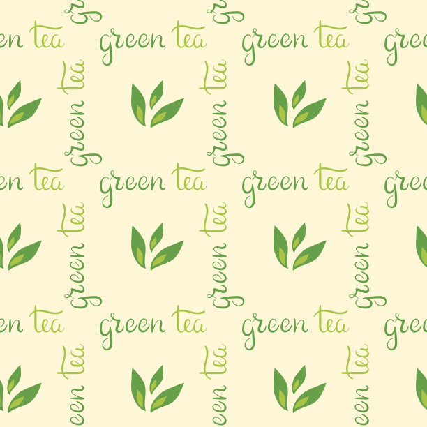 向量无缝模式。绿茶、刻字。手绘叶片。时尚的背景包装、标签图片下载