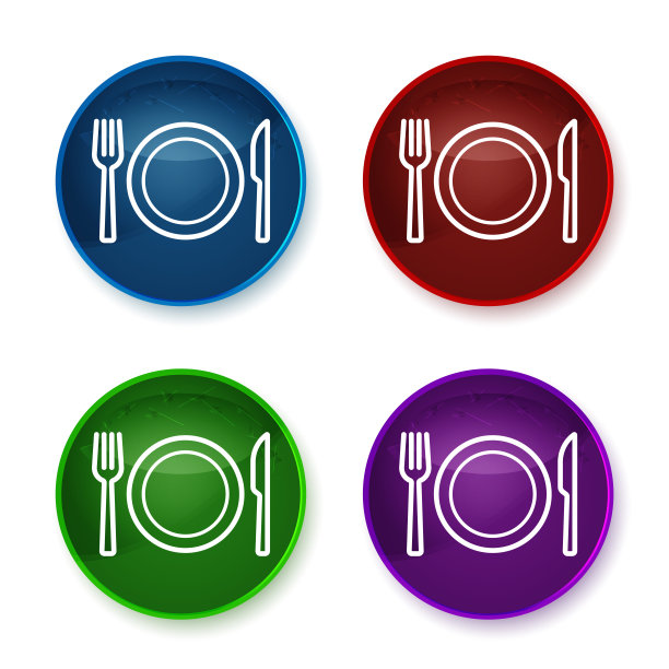 盘子与叉和刀图标闪亮圆形按钮设置插图图片下载