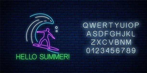 你好夏天发光的霓虹灯与冲浪者在海浪与字母。冲浪板上的人。图片下载