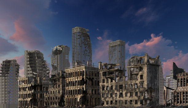 废墟的城市末日景观3d插画概念图片下载