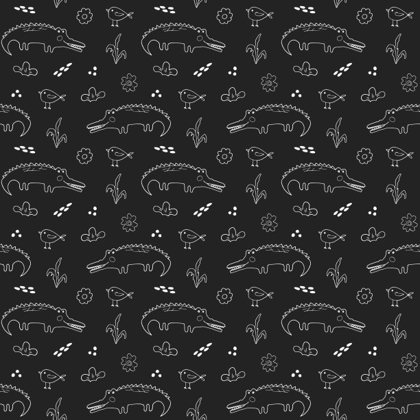 可爱的鳄鱼或短吻鳄与小鸟无缝图案，卡通手绘动物涂鸦矢量插图背景图片下载