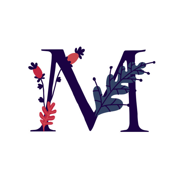 花和植物中的拉丁字母M向量。字母在装饰元素中的铭文。公司的标志。海报或字母组合。图片下载