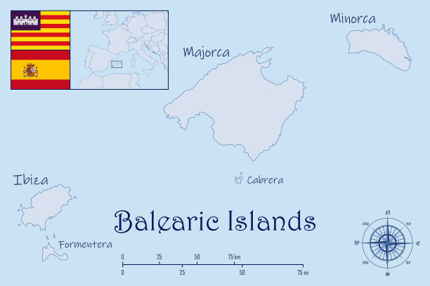带旗帜的巴利阿里群岛地图图片下载