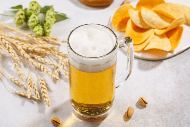 一杯生啤酒和各种小吃。图片下载