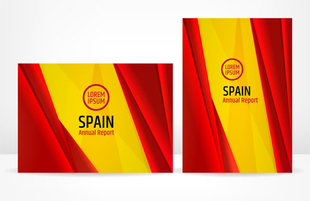西班牙企业业务抽象模板。宣传册封面设计，现代布局，年度报告，海报，传单。A4以红黄两色为背景，几何形状为政府、市场图片下载