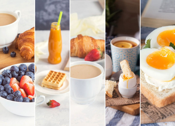 从健康的欧洲早餐的照片拼贴，鸡蛋，咖啡，果汁，冰沙和新鲜浆果图片下载