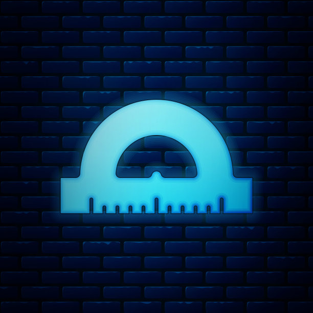 发光的霓虹灯量角器网格测量度图标隔离在砖墙背景。倾角计。测量工具。几何符号。矢量图图片下载