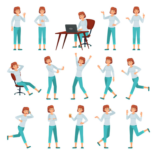 穿着休闲装的卡通女人。年轻的女性角色动作姿势，行走快乐的女性和女性生活方式矢量插画集图片下载