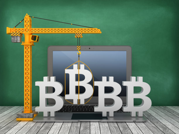 塔吊和笔记本与比特币符号在黑板背景- 3D渲染图片下载