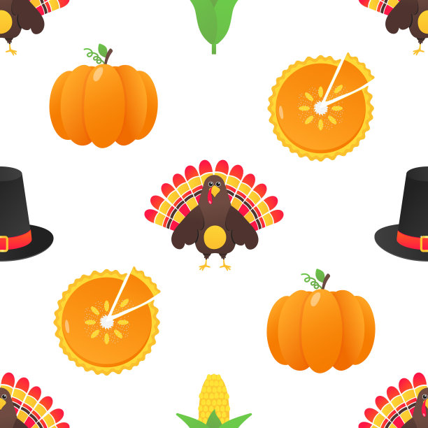 无缝彩色感恩节图案与火鸡，南瓜，玉米和帽子在它的平面风格设计矢量插图孤立在白色的背景图片下载