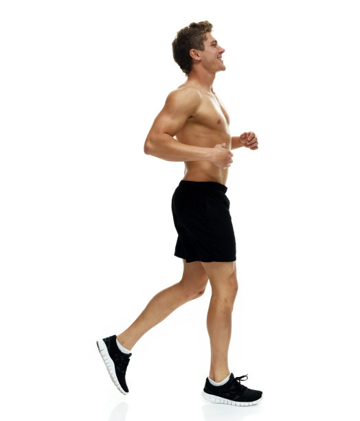 全长/一人/一人/侧视/ 20-29岁的成年人英俊的人棕色头发/短发高加索男性/年轻男子跑步/在白人背景前慢跑/凉爽的态度/性感/男子气图片下载