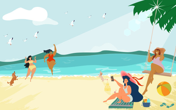 一群快乐的女士穿着泳衣在海滩上享受暑假。年轻的休闲活动和复古的色彩风格。卡通平面矢量插图。图片下载