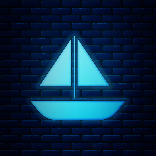 发光的霓虹灯游艇帆船或帆船图标孤立在砖墙背景上。乘坐帆船进行海上巡游旅行。矢量图图片下载