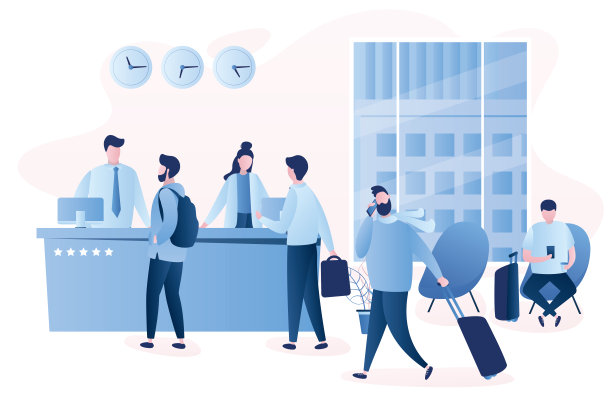 酒店前台，内部备有家具，人接待和旅客行李图片下载