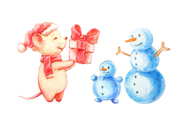 老鼠是2020年的象征，给白色背景的雪人送礼物，圣诞概念。水彩插图。图片下载