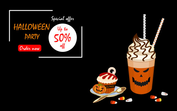 可爱的万圣节纸杯蛋糕和饮料。促销卡。平面设计矢量插图。图片下载