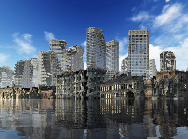 全球变暖废墟城市末日景观3d插画概念图片下载