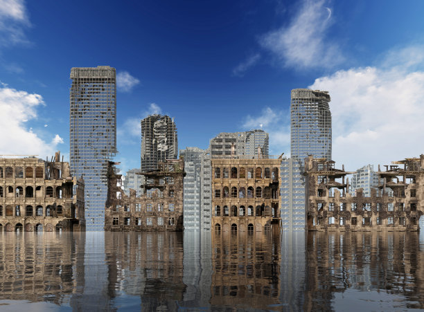 全球变暖废墟城市末日景观3d插画概念图片下载
