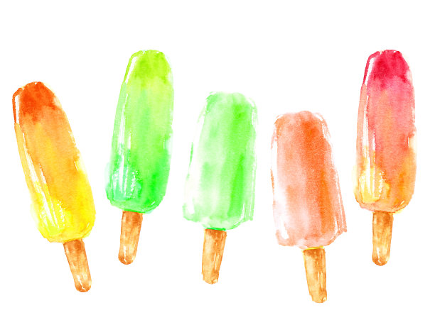一套彩色冷冻果汁冰棒在粉红色，绿色，橙色的颜色孤立在白色的背景。图片下载
