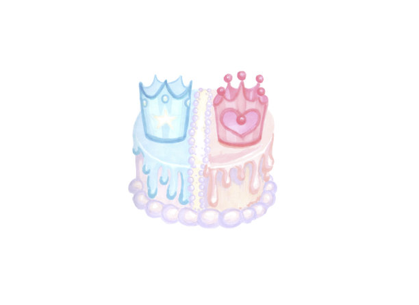 蓝色和粉色的蛋糕，戴着王冠，为性别揭示派对图片下载