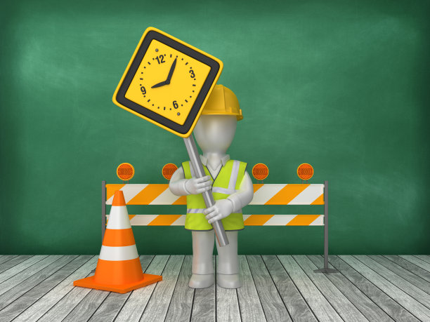 路标与时钟建设工地在黑板上的背景- 3D渲染图片下载